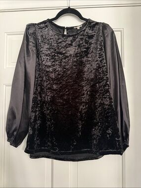 JODIFL Black Velvet Front Satin Sleeve Blouse